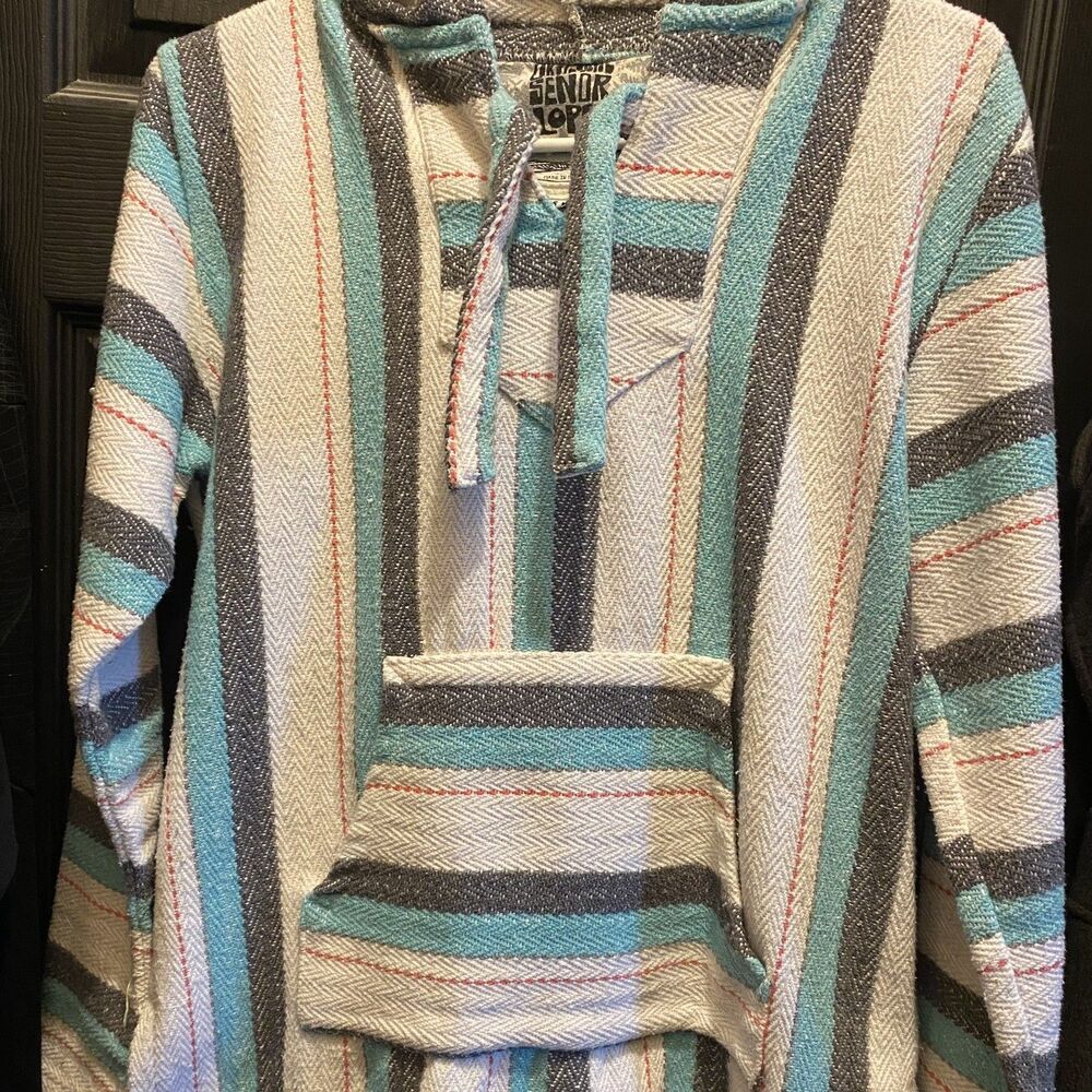 Original Senor Lopez Women Sweater sm Turquoise Striped Baja Hoodie